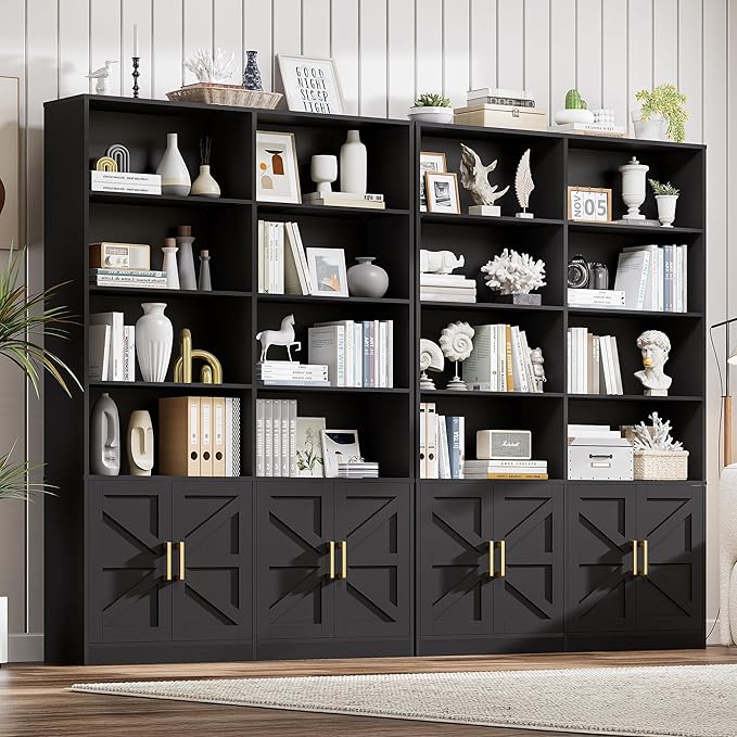 Black 6 Tier Double Bookshelf with Storage Set of 2, 71" Tall Farmhouse Bookcase with 8 Doors, Floor Standing Open Display Shelves, Wooden Book Shelf Organizer for Home Office Library
