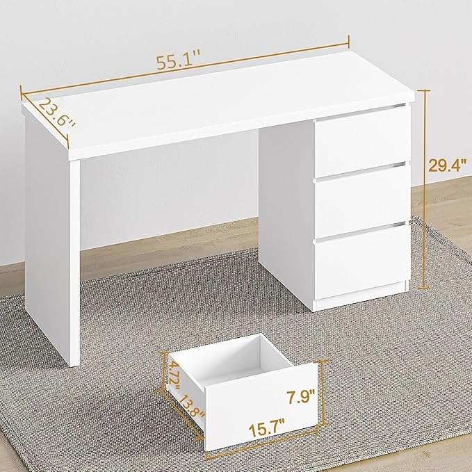 furtble White Desk with Drawers, 55'' W Home Office Computer Desk Gaming Table, Modern Vanity Desk with Storage, Wood Writing Workstation for Bedroom, Living Room, White