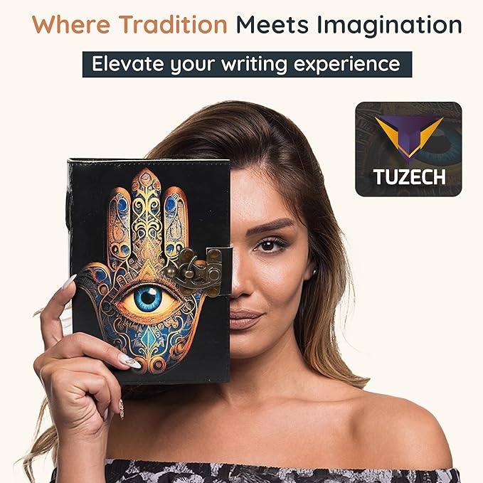 TUZECH Book of Spells Leather Bound Journal Deckle Edge Paper Grimoire Printed Diary Third Eye witchcraft supply and Witch Spell Notebook Antique Vintage Book for Men and Women (The Khamsa Symbol)
