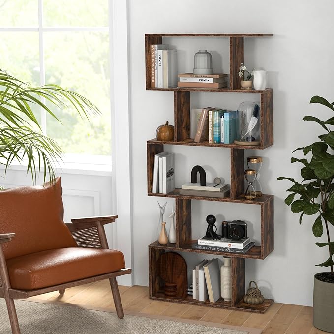 Tangkula 5-Tier Geometric Bookshelf, S Shaped Bookcase w/Anti-Toppling Device, Freestanding Room Divider, Industrial Wood Open Display Shelf for Living Room Home Office (2, Rustic Brown)