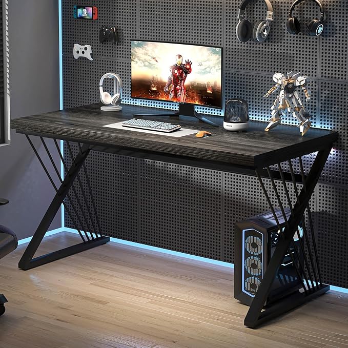 FOLUBAN Modern Home Office Desks, Rustic Wood and Metal Computer Desk, Industrial Writing Study Gaming Table for Living Room Bedroom, Dark Gray, 47 Inch