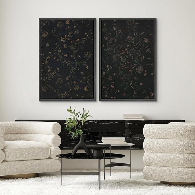 SIGNWIN Framed Canvas Print Wall Art Set Dark Vintage Floral Moody Botanical Modern Art Minimal Boho Relax/Calm for Living Room, Bedroom, Office - 16"x24"x2 Black