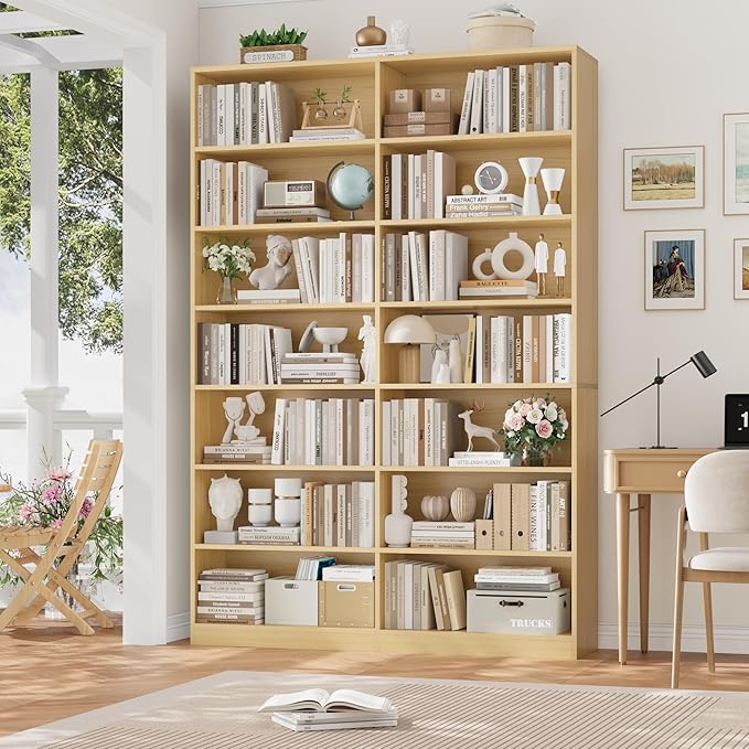 FACBOTALL 83.6" Tall Bookshelf and Bookcase, 7-Tier Extra Large Bookshelf with Double Storage, 14 Open Display Shelves for Home Office, Study and Living Room, Natural