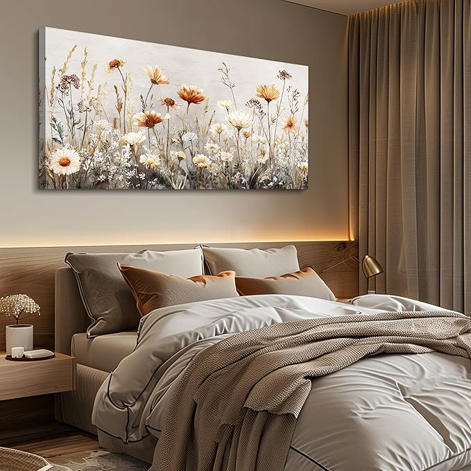 QIYILEXWART Canvas Wall Art For Living Room Large Wall Decor For Office Bedroom Decorations Neutral Wildflower Landscape Pictures Farmhouse Painting Artwork Room Wall Mural Home Decor 30x60 In