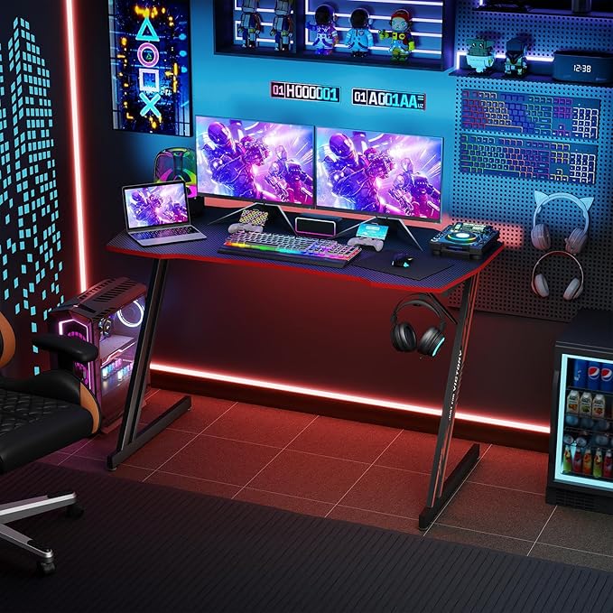 BestOffice Gmaing Desk Z Shaped 47 inch PC Computer Desk Computer Workstation Ergonomic Gaming Table with Headphone Hook for Game Players, Black&Red