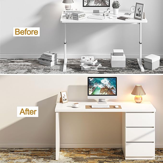 furtble White Desk with Drawers, 55'' W Home Office Computer Desk Gaming Table, Modern Vanity Desk with Storage, Wood Writing Workstation for Bedroom, Living Room, White