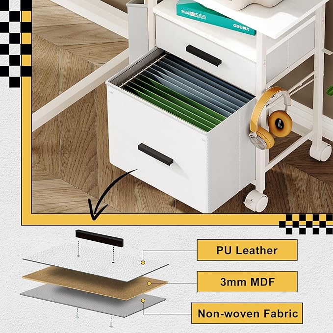 File Cabinet Printer Stand, Fabric Mobile Filing Cabinet with 2 Storage Drawers, for Hanging A4, Letter Size File Folders, Open Shelf with Storage Bag and Hooks Home Office, White