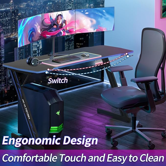 39 in Gaming Desk With Hook - Z-Shaped Computer Table for Home Office, Small Places - Carbon Fiber Surface, Simple Installation, Blue