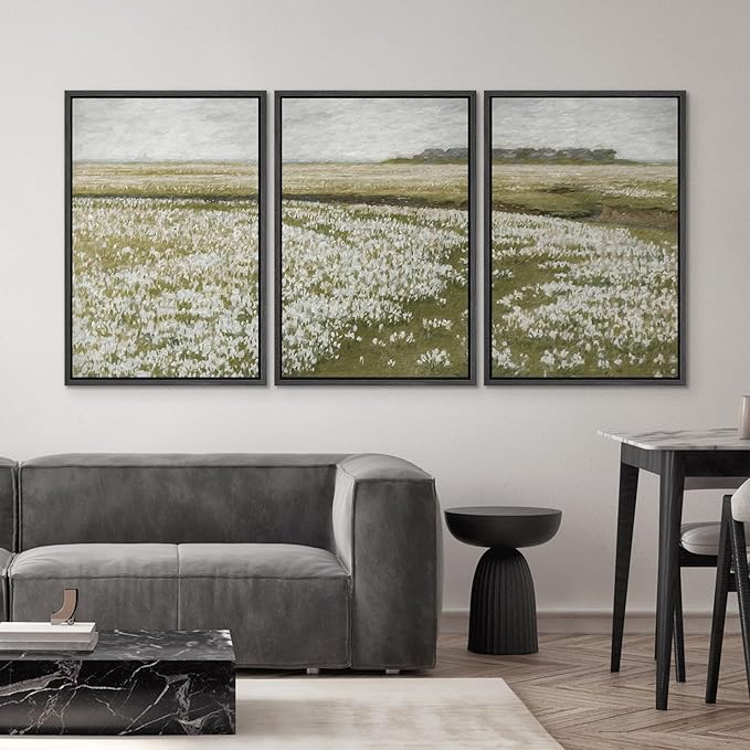SIGNWIN Framed Canvas Print Wall Art Set White Daisy Flower Country Farm Field Nature Abstract Illustrations Fine Art Decorative Nordic Rustic for Living Room, Bedroom, Office - 16"x24"x3 Black