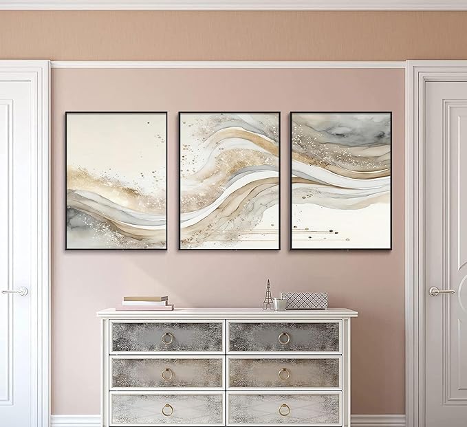 3Pcs Gold Abstract Marble Canvas Wall Art Modern Grey and Gold Fluid Painting Picture Wall Decor neutral Marble Poster Print Artwork for Bedroom Living Room Office Hotel Home Decoration