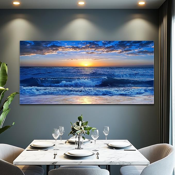 Canvas wall art for living room Blue Ocean Sea sun landscape painting bathroom Wall Decor Ready to Hang for Home Decorations office family bedroom kitchen Works canvas Prints pictures 30" x 60"inch