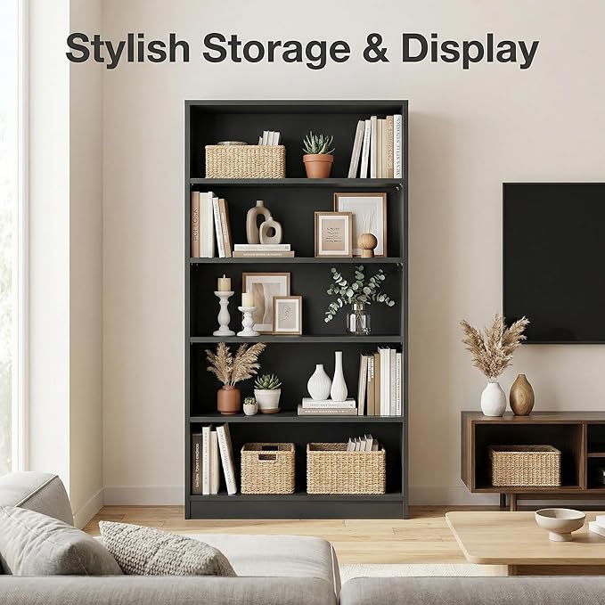 5 Tier Wooden Bookshelf, 60" H Tall Book Shelf with Adjustable Shelves, 33" Wide Bookshelf for Home Office, Living Room