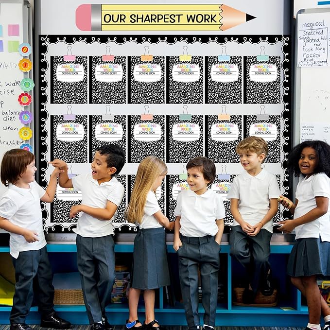 Student Work Display Bulletin Board Set Composition Notebook Classroom Decoration Inspirational Our Sharpest Work Pencil Cutouts for Back to School Classroom Chalkboard Wall Decor Teacher Supplies