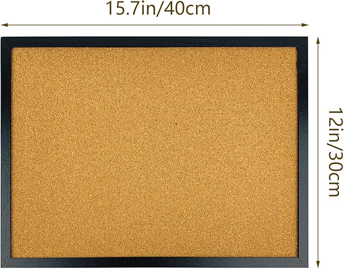 Black Cork Bulletin Board, 15.7 X 12 Inches with Oak Wood Finish Frame, Wall Mounted for Office Home and School(Pins, Eye Bolts, gaskets, Screws)