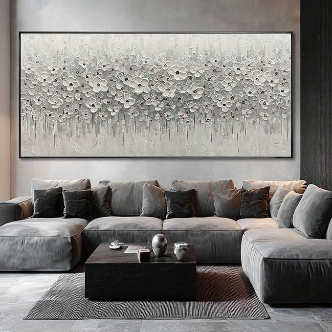 SDYA Oversized White Flower Wall Art, Hand Painted Floral Canvas Paintings With Frame, Extra Large Modern Wall Decor for Living Room Bedroom Office 40"x86"