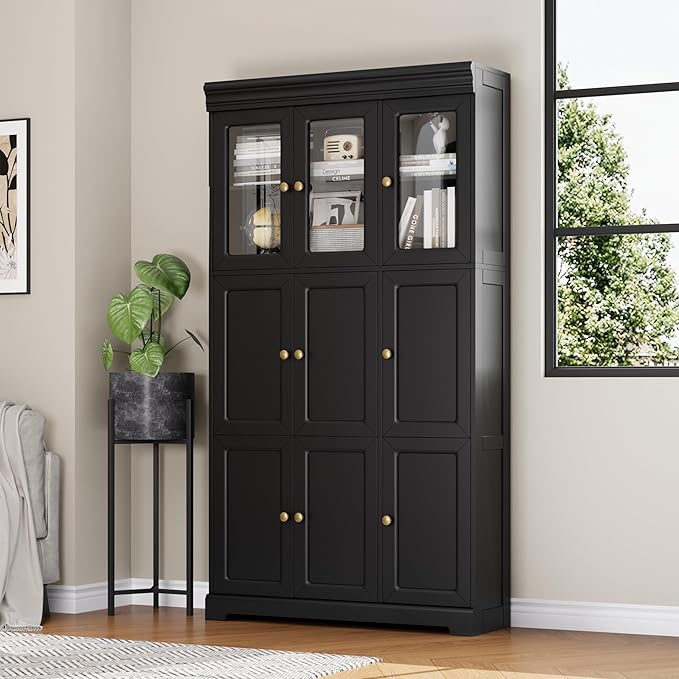 Keyluv 71" Tall Bookshelf and Bookcase with Glass Door, 6-Tier Large Book Shelf with Storage Cabinet, Floor Standing Cabinet Bookshelves with Adjustable Shelves for Home Office/Living Room, Black