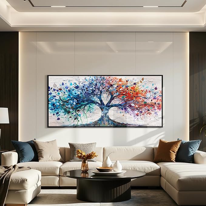 SERIMINO Oversized Large Tree of Life Wall Art for Living Room, Colorful Tree Painting Canvas Prints, Framed Artwork for Walls, Modern Nature Decor for Bedroom Office Hotel, 32"x71"