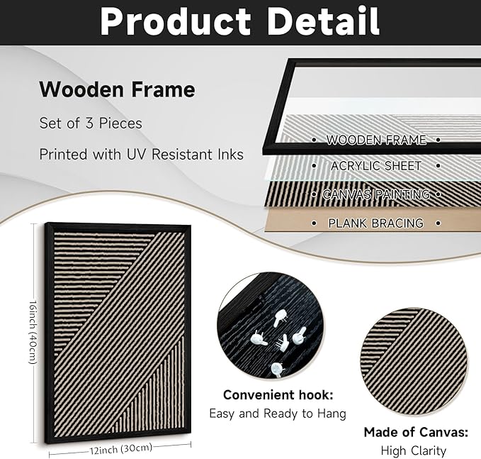 Boho Modern Wall Art Pictures Neutral Abstract Canvas Wall Decor Minimalist Line Wall Art Beige Brown Black Poster Mid Century Painting Artwork for Living Room Bedroom 12x16x3 Inch Wood Framed