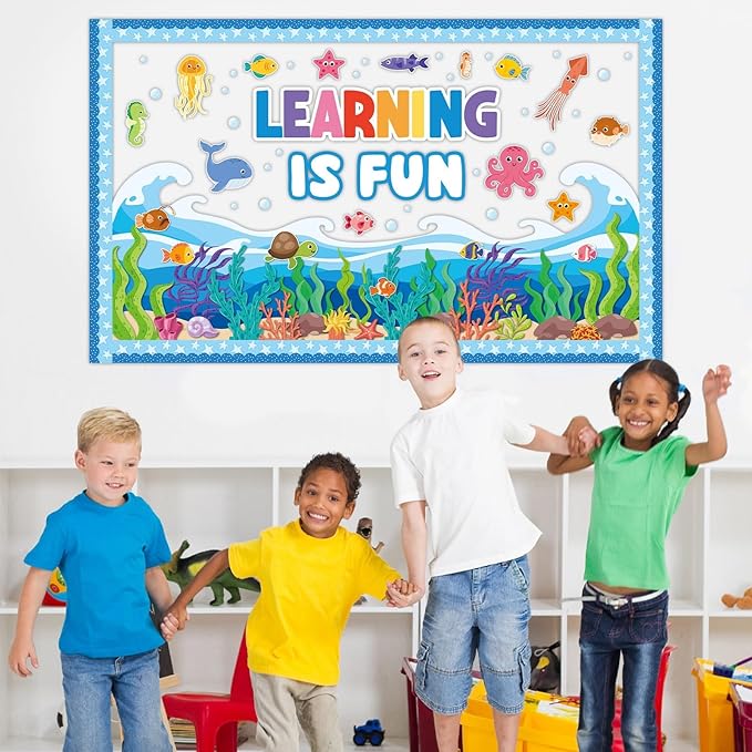 Summer Ocean Sea Bulletin Board Decorations Learning is Fun Positive for Summer Theme Classroom Back to School Bulletin Board Border Set Ocean Under The Sea Fish Paper Cutouts for School Home Decor
