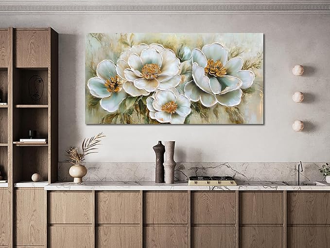 Arjun Vintage Wall Art Canvas Flower for Living Room, Rustic Floral Painting Bedroom, Teal Gold Textured Picture Framed Artwork Dining Room Kitchen Home Office Wall Decor, Large 48"x24"