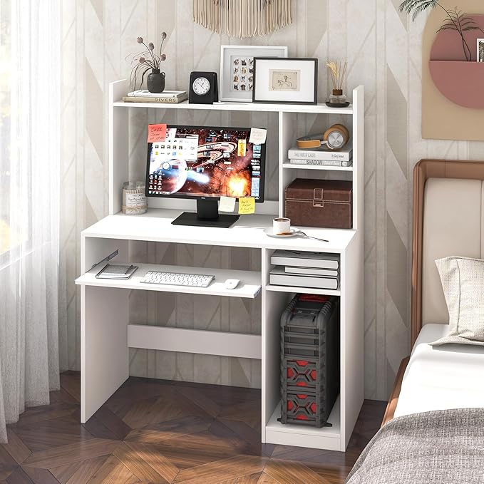 Giantex Computer Desk with Hutch, 43.5 Inch Home Office Desk with Keyboard Tray & Charging Station, Laptop PC Table for Workstation, Modern Study Writing Desk for Small Space, Bedroom, White