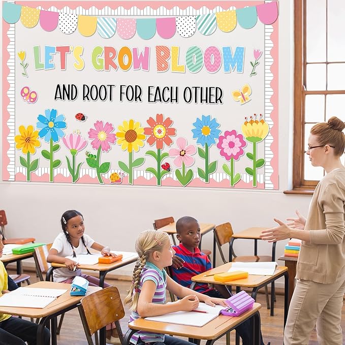 ZOIIWA Spring Bulletin Board Decorations Spring Bloom Flower Classroom Bulletin Board Borders Colorful Floral Butterfly Cutouts for Back to School Birthday Party Supplies School Home Office Wall Decor