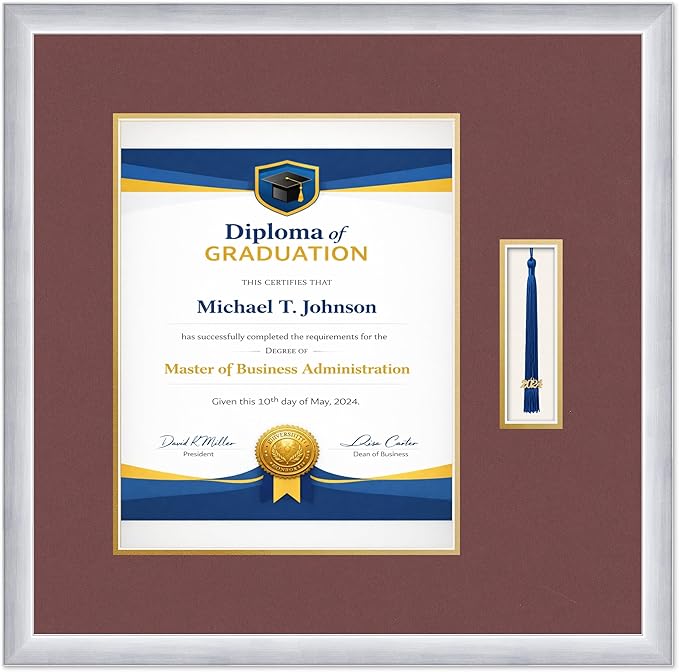 Diploma Frame with Tassel Holder 21.25 x 21 Stainless Silver Shadowbox Dark Red Over Gold Mat - Fits 11 x 14 Degree Made in the USA