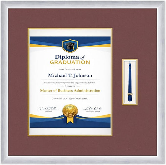 Diploma Frame with Tassel Holder 21.25 x 21 Stainless Silver Shadowbox Dark Red Over Gold Mat - Fits 11 x 14 Degree Made in the USA