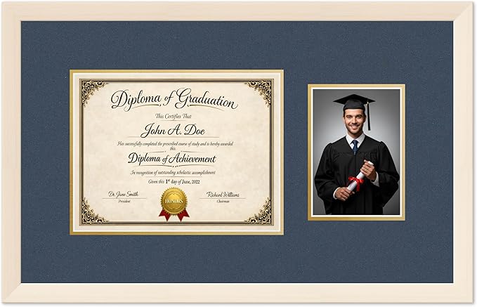 Diploma Frame With Photo Opening Coastal Whitewash Navy Blue Over Gold Mat - Fits 11 x 8.5 Degree and Picture Made in the USA