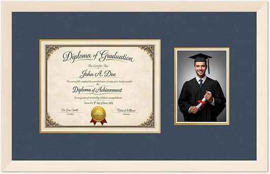 Diploma Frame With Photo Opening Coastal Whitewash Navy Blue Over Gold Mat - Fits 11 x 8.5 Degree and Picture Made in the USA