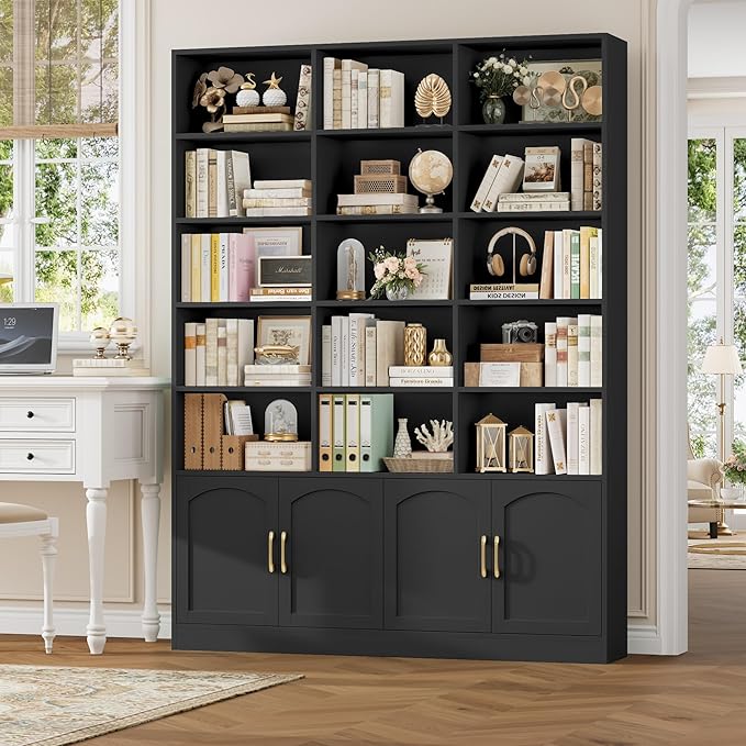 FACBOTALL 82.3" Triple Wide Bookshelf, 7-Tier Tall Bookcase with 15-Cube Open Bookshelf & 4 Doors, Large Bookshelf with Storage Cabinet, Modern Bookshelf for Living Room, Office, Study Room, Black