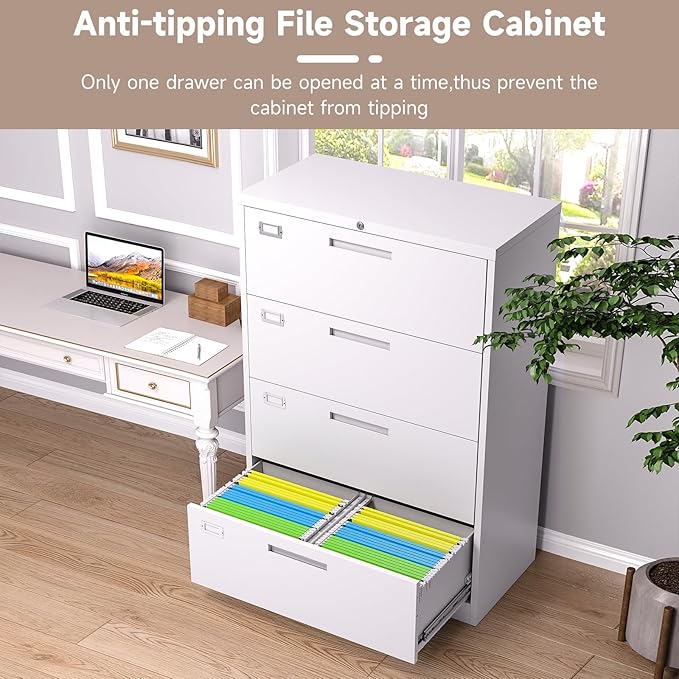 4 Drawer Lateral File Cabinet with Lock, Metal Filing Cabinets for Home Office, Wide Locking File Caninets, White Office Storage Cabnet for Hanging Letter/Legal / A4 / F4 - Assembly Required