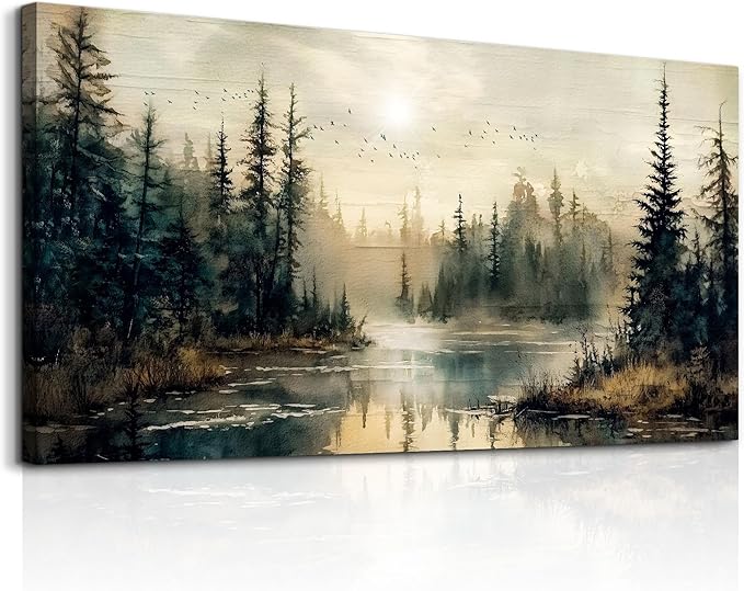 FUHAIHUA Large Wall Decor For Living Room Canvas Wall Art For Office Farmhouse Wall Decorations For Bedroom Forest River Landscape Paintings Modern Pictures Artwork Room Home Decor 24x48 In