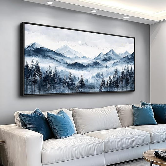 ERQINHUA Black Framed Canvas Wall Art For Bedroom Large Wall Decorations For Living Room Modern Office Mural Misty and Fog Forest Painting Mountain Landscape Pictures Artworks Home Decor 20x40 In