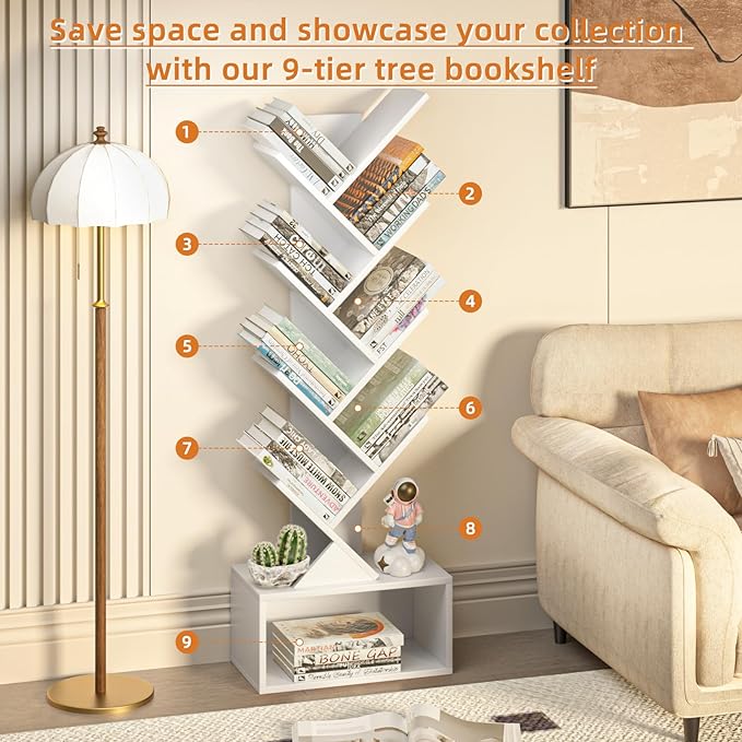 9 Tier Tree Bookshelf,Christmas Green Bookcase for Narrow Space, Storage Organizer Floor Standing Bookshelves for Books, Tall Book Case for Home Office, Living Room, Bedroom