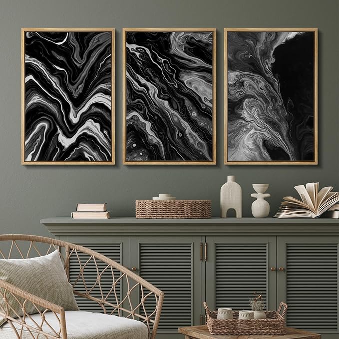 SIGNFORD Framed Wall Art Print Set Monochrome Swirl Abstract Contemporary Black and White Digital Art Modern Art Contemporary for Living Room, Bedroom, Office - 24"x36"x3 NATURAL