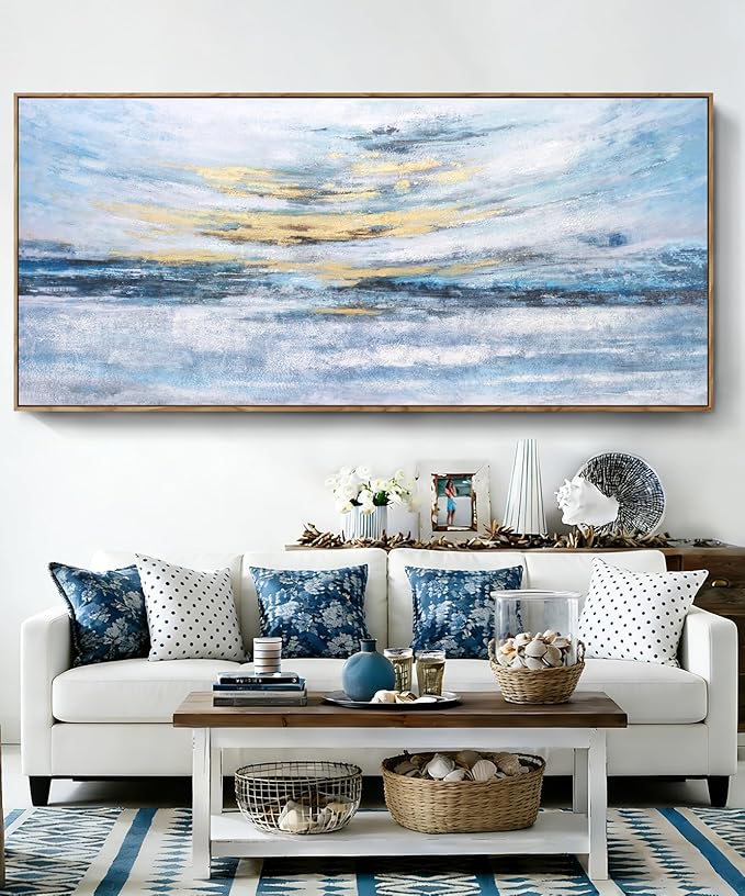 Nicetop 86x39 Extra Large Abstract Ocean Sunset Wall Art, Hand-Applied Gold Foil & Hand-Painted Texture, Serene Coastal Oil Painting, Natural Wood Frame, Modern Decor for Living Room Bedroom Office