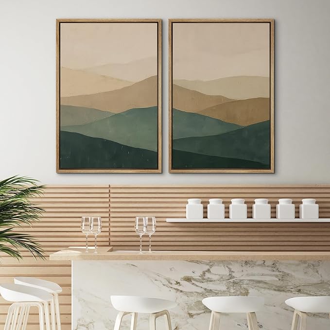 SIGNWIN Framed Canvas Print Wall Art Set Green and Beige Abstract Mountain Landscape Illustrations Modern Art Minimal Boho Relax/Calm for Living Room, Bedroom, Office - 24"x36"x2 Natural