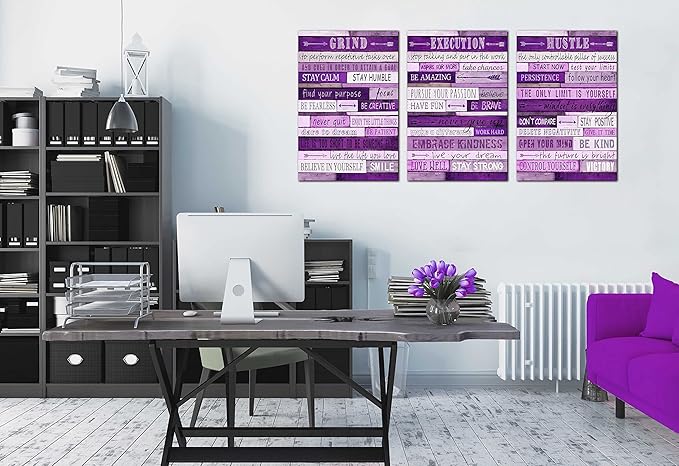 Purple Room Decor for Women - Motivational Inspirational Quotes Wall Art for Office - Large Canvas Wall Art Ready to Hang Size 16" x 24" x 3 Pieces
