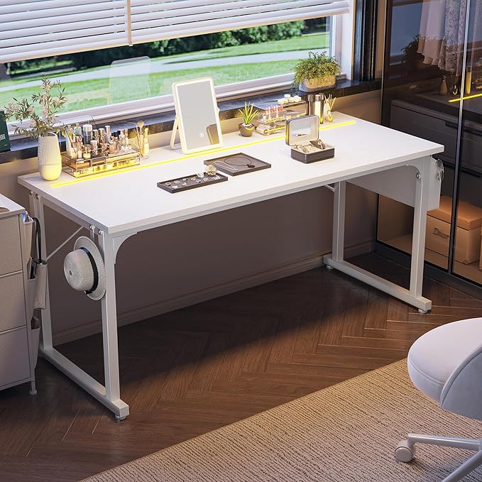 63 Inch Computer Desk with LED Lights, Office Desk for Home Office, Study Desk Writing Table with Storage Bag, Headphone Hook, White