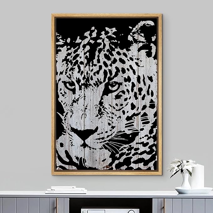 IDEA4WALL Framed Canvas Print Wall Art Grayscale Spotted Leopard on Grey Wood Panels Animals WildLife Illustrations Modern Art Tropical Portrait for Living Room, Bedroom, Office - 24"x36" NATURAL