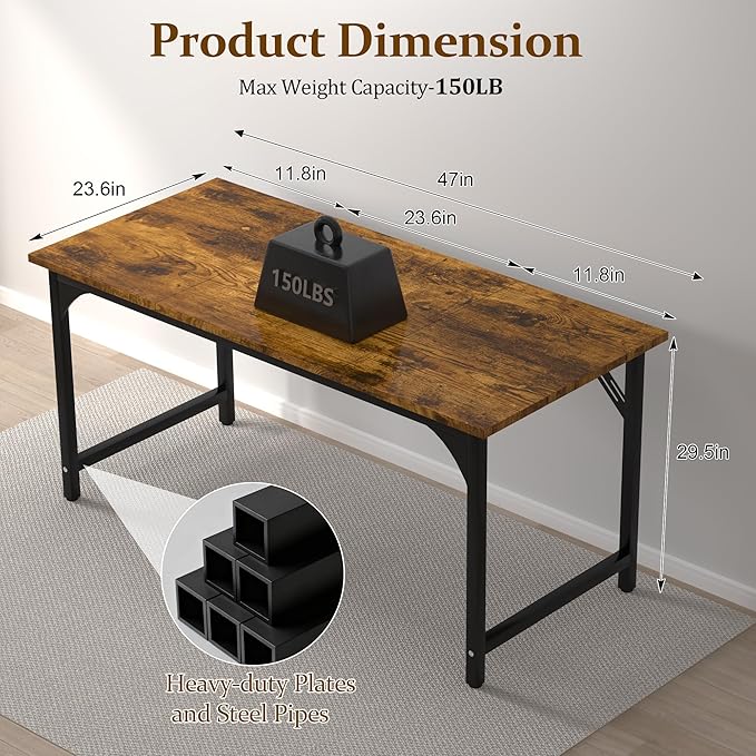 47 X 23.6 inch Computer Desk, Office Desk with Deeper & Thicker Desktop, Modern Simple Study Table with Sturdy Metal Frame & Large Legroom, Study Writing Work Desk for Home Office, Bedroom