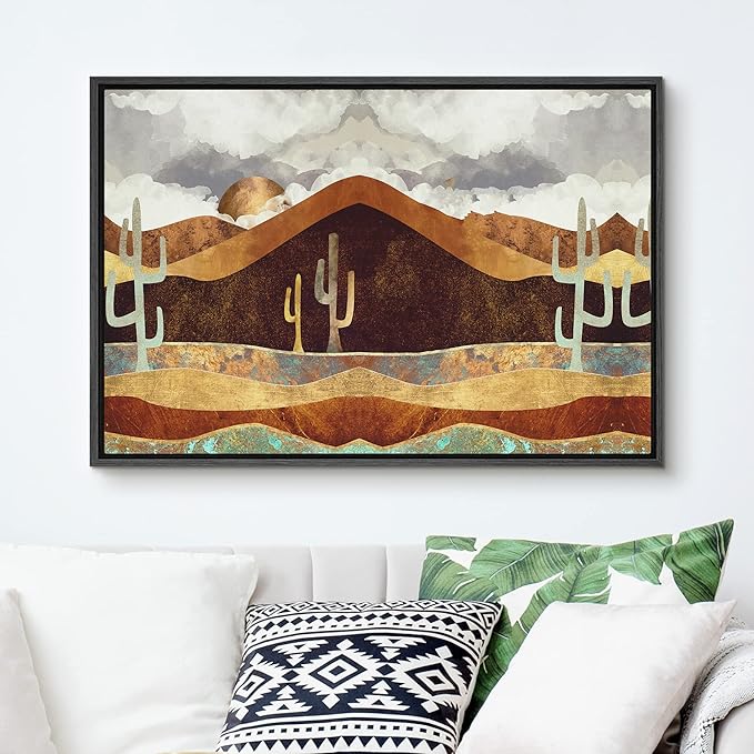SIGNFORD Framed Canvas Print Wall Art Brown Desert Canyon with Cacti Abstract Wilderness Illustrations Modern Art Rustic Scenic Colorful for Living Room, Bedroom, Office - 24"x36" Black