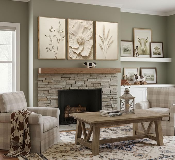 Framed 3D Textured 3Pcs Neutral Beige Floral Plant Canvas Wall art Textured Flower Botanical Painting Picture Wall Decor Vintage Blossom Poster Prints for Living Room Bedroom Bathroom Decoration
