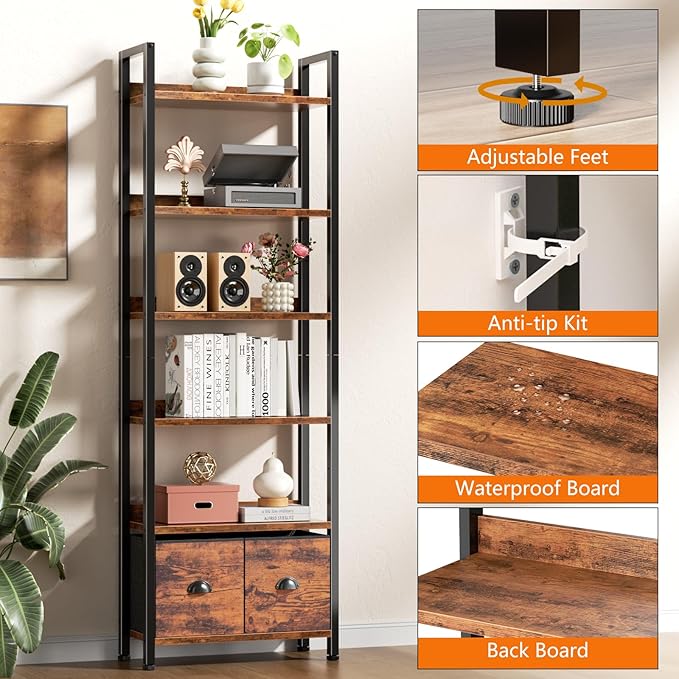 Furologee 6-Tier Bookshelf Set of 2,Tall Bookcase with 2 Drawers and Shelves, Industrial Display Free Standing Shelf Units, Storage Rack Organizer for Bedroom, Living Room, Home Office, Rustic Brown