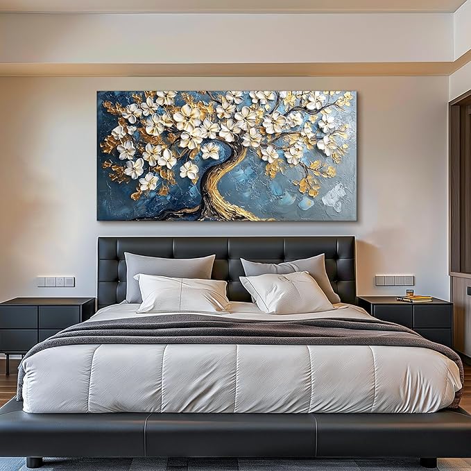 SERIMINO Gold Tree of Life Large Wall Art, Abstract Tree Oil Painting Art Prints, Cherry Blossom Flower Canvas Art Wall Decor, Modern Aesthetic Wall Pictures for Living Room Bedroom Office 29"X57"