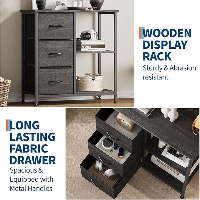 Garvee 3 Drawer File Cabinet, Printer Stand with 2 Open Storage Shelves, Fabric Filing Cabinet Under Desk Office Organizer for Home Office, Modern Storage Solution, Black