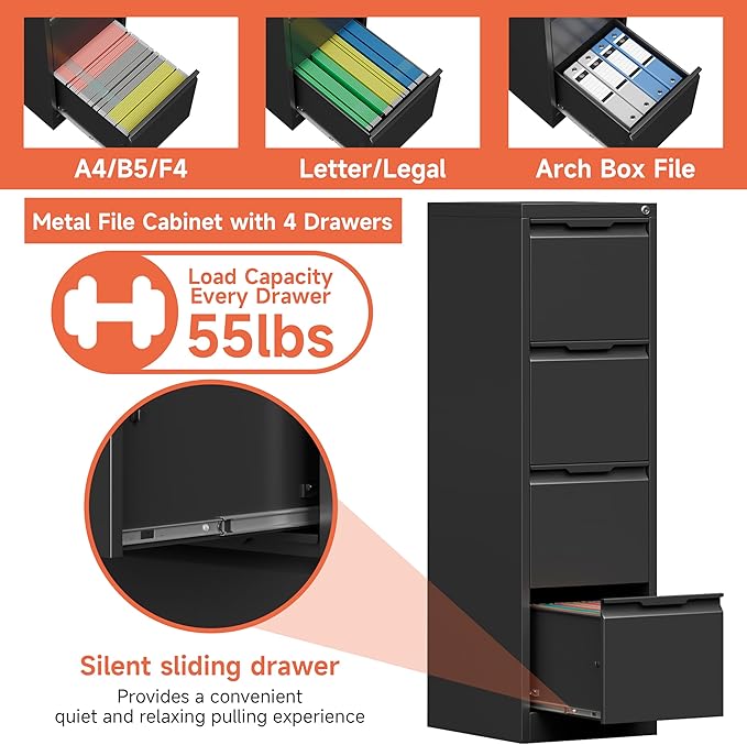 4 Drawer File Cabinet,Metal Vertical File Storage Cabinet with Lock,Filing Cabinets for Home Office,A4 Legal/Letter-Assembly Required/Black
