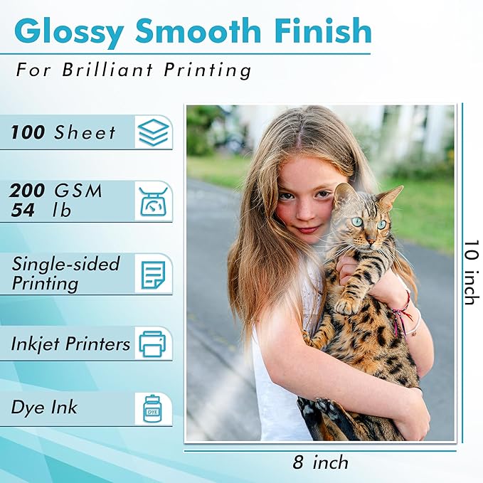 Koala Glossy Inkjet Photo Paper Thick 8X10 Inches 100 Sheets 54lb Picture Paper for Inkjet Printer Use DYE INK for Family Photos 200gsm