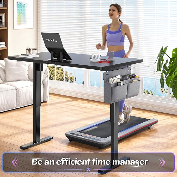 EnHomee 55" Electric Standing Desk with LED Lights, Height Computer Desk with 3 Memory Preset, Adjustable Office Desk with Storage Side Pocket and Cable Management,Wood Desktop, Writing Table, Black
